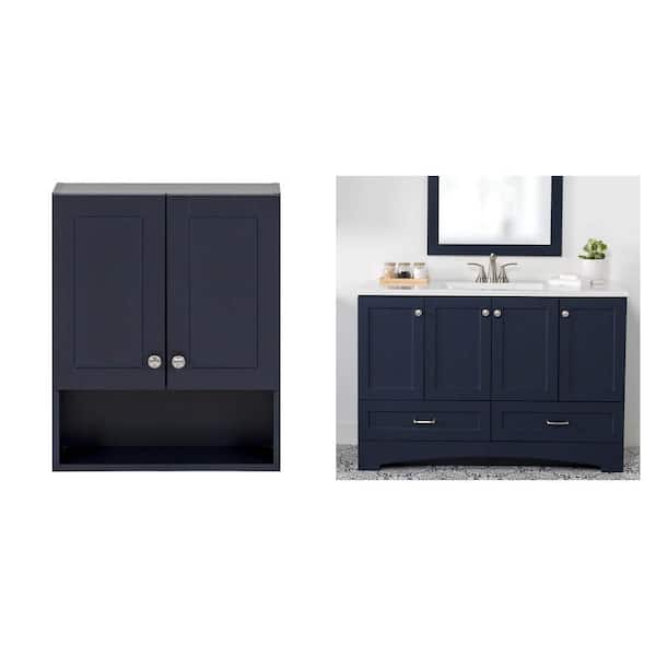 Lancaster Deep Blue Wall Cabinet (21 in. x 8 in. x 26 in.) and 49 in. Single Sink Bath Vanity Combo