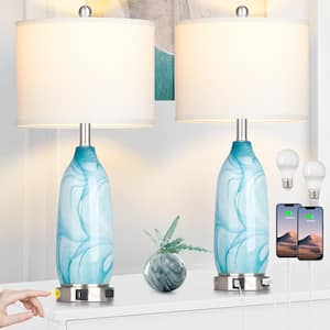 26 in. Turquoise Glass Table Lamp Set with USB, Tpye-C Ports and Built-In Outlet (Set of 2)