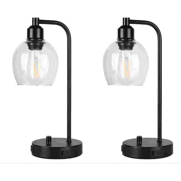 INNOBULE 15 in. Industrial Black Table Lamp with Glass Shade with USB Port and Outlet (2pack)