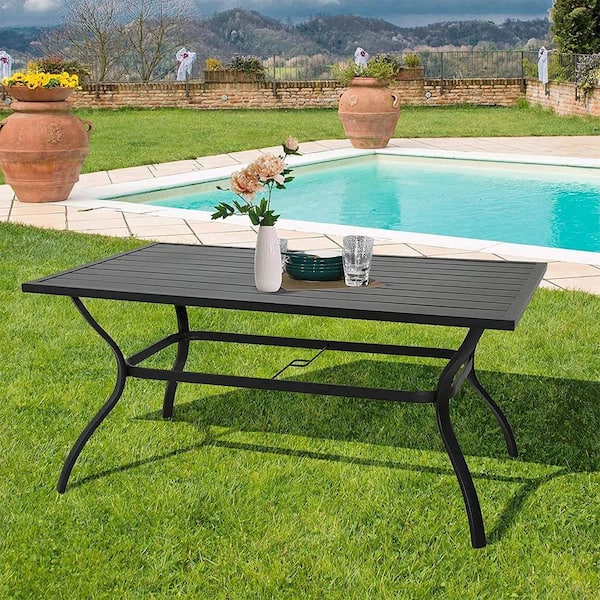 ANGELES HOME Rectangle Metal Slat Outdoor Dining Table with Umbrella Hole