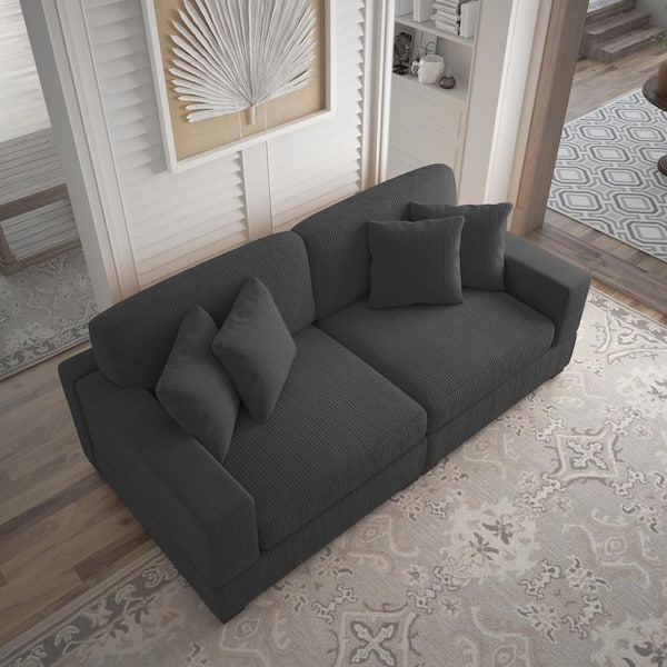 Uixe 83 in. Square Arm Gray Corduroy Fabric Upholstered Sectional 2-Seats Sofa with Four Pillows