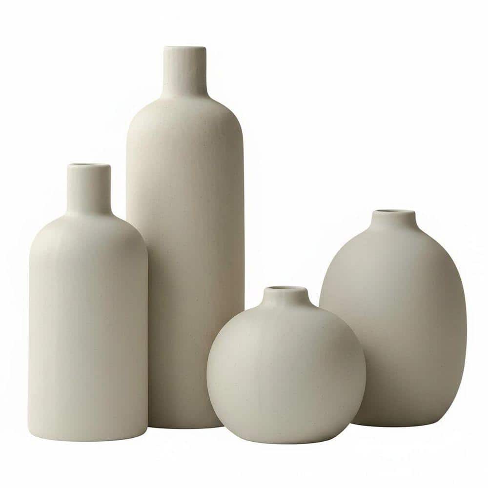 10 in. Beige Round Modern Ceramic Decorative Vase 4 Piece LSFPHXB
