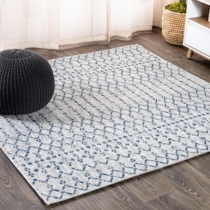 Ourika Moroccan Geometric Textured Weave Light Gray/Navy 4 ft. x 4 ft. Indoor/Outdoor Area Rug