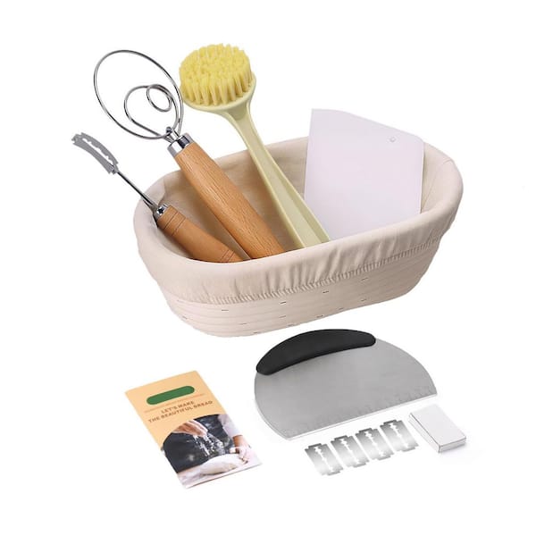 Oval Sourdough Starter Kit, 10 in. Natural Rattan Cane Banneton Bread Proofing Basket with Lame, Scrapers, Dough Whisk