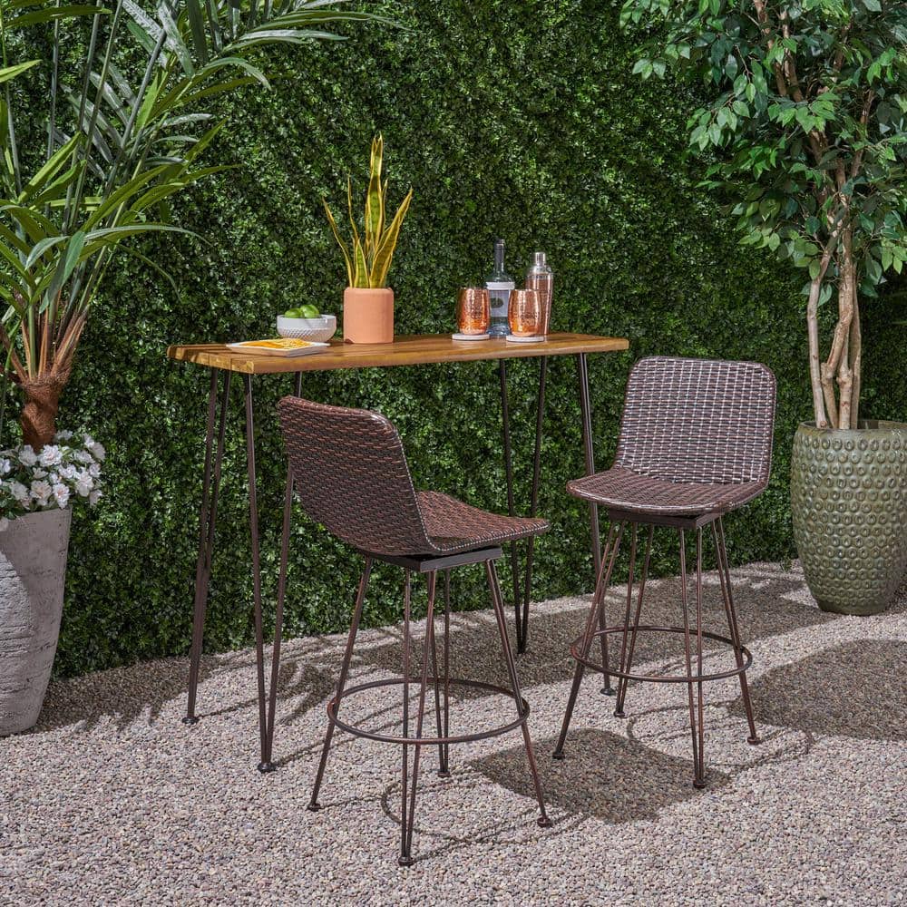 Teak Brown Wood and Metal Bar Set with Wicker Chairs