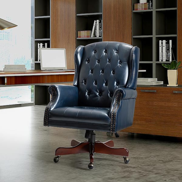 JAYDEN CREATION Micaela Navy Swivel Executive Chair with Nailhead Trim