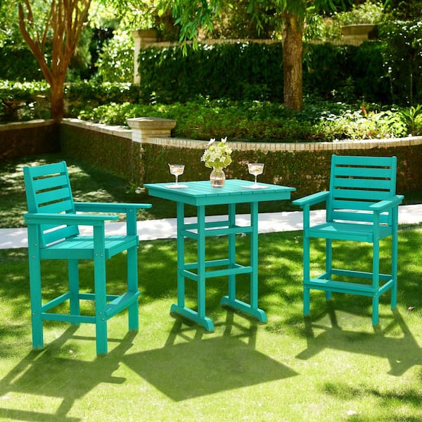 LUE BONA 3-Piece Plastic Table Indoor/Outdoor Bistro Set and Bistro Chairs Patio Seating, Lake Water Blue