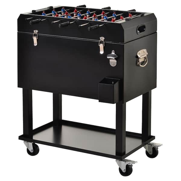 Zeus & Ruta 68QT Patio Serving Cart with Ice Chest, Foosball Table Top, Party Bar Cold Drink Rolling Cart on Wheels with Tray Shelf