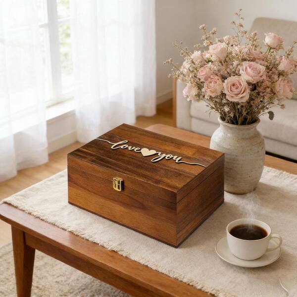 Brown 12 in. x 6 in. Wood Large Wedding Keepsake Decorative Box