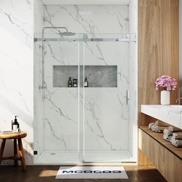 MCOCOD 56-60.5 in. W x 76 in. H Single Sliding Frameless Smooth Sliding Shower Door in Chrome with 3/8 in. Clear Glass