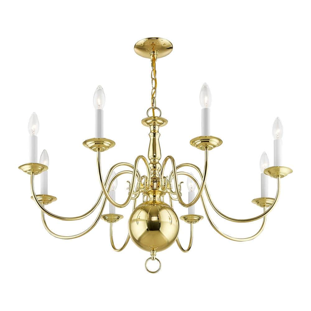 Elegant Williamsburgh Polished Brass 8-Light Colonial Chandelier