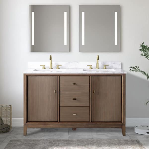 54 in. W x 34 in. H Double Sink Walnut Bath Vanity Cabinet with Arabescato White Engineered Marble Top