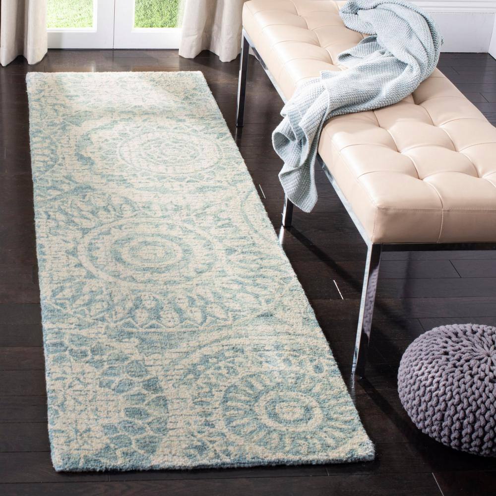 Ivory and Blue Handmade Tufted Wool Abstract Runner Rug