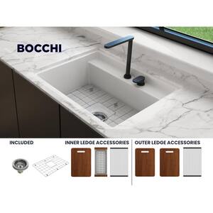 Baveno Uno Matte White Fireclay 27 in. Single Bowl Undermount/Drop-In 2-hole Kitchen Sink w/Integrated WS and Acc.
