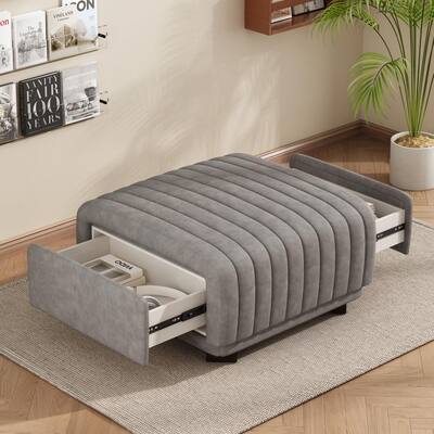 Basil Gray Faux Leather Upholstered Tufted Rectangle Accent Ottoman with Drawers, Wood Frame