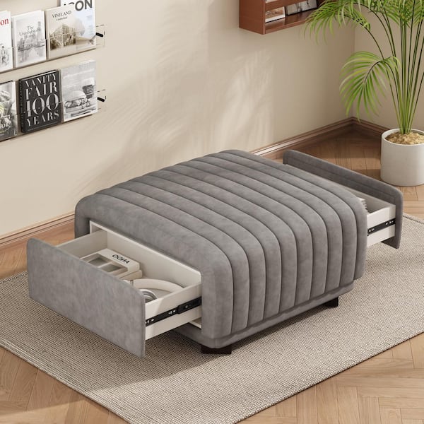 Basil Gray Faux Leather Upholstered Tufted Rectangle Accent Ottoman with Drawers, Wood Frame