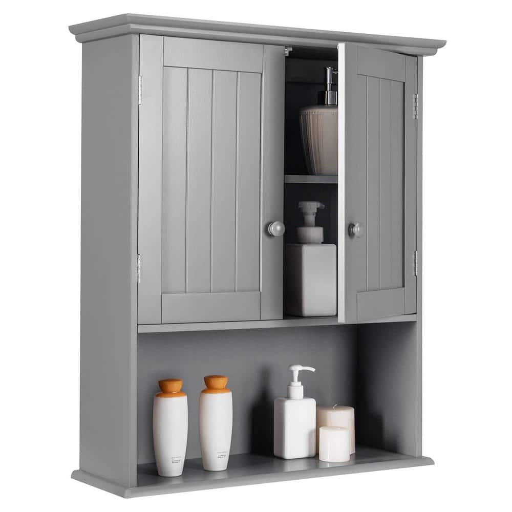 Gray MDF and Particle Board Bathroom Storage Wall Cabinet with 2 Doors and 3 Shelves