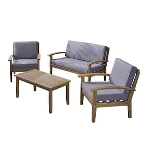 Peyton Gray 4-Piece Wood Outdoor Patio Conversation Set with Dark Gray Cushions