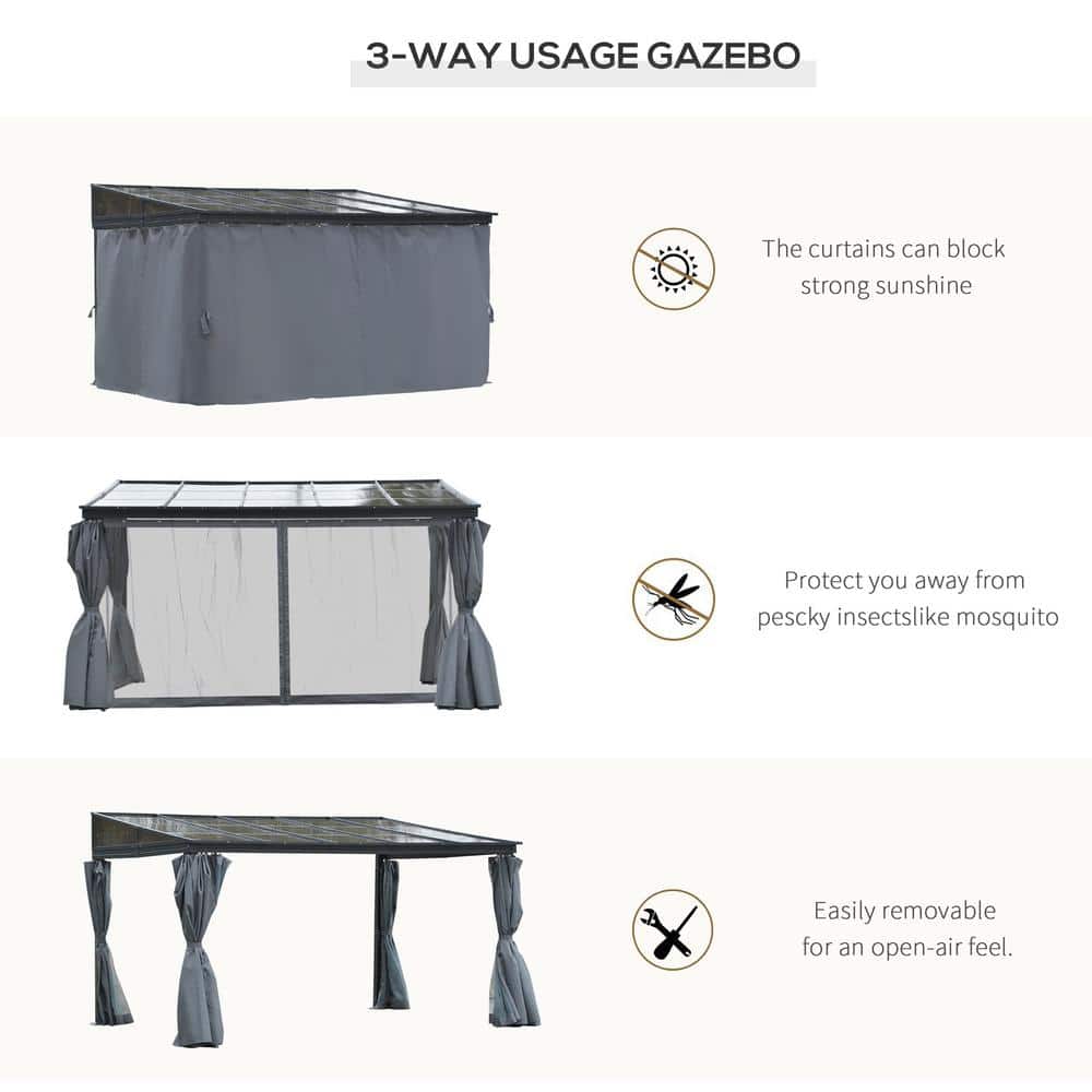 Outsunny 10' x 13' Gray Aluminum Patio Gazebo with Polycarbonate Roof