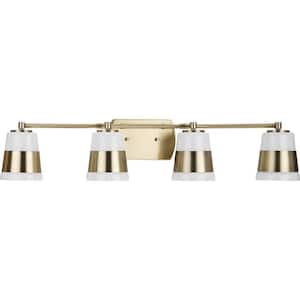 Haven Collection 34 in. 4-Light Vintage Brass Opal Glass Luxe Industrial Vanity Light