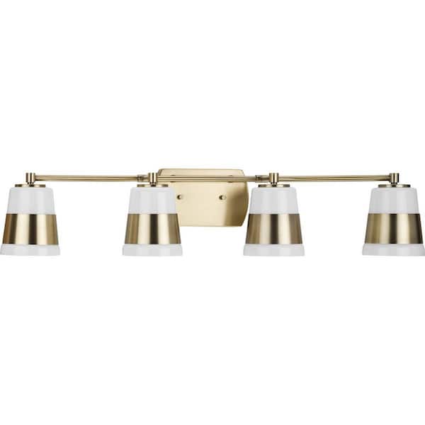 Progress Lighting Haven Collection 34 in. 4-Light Vintage Brass Opal Glass Luxe Industrial Vanity Light