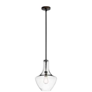 Everly 15.25 in. 1-Light Olde Bronze Transitional Shaded Kitchen Bell Pendant Hanging Light with Clear Glass