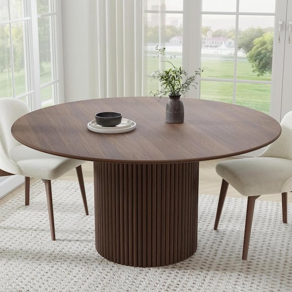 Lirago Cylindrical Walnut Colored Wood 60 in. Column Base Raw Edge Dining Table for 8