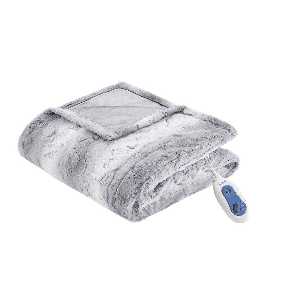 Gray Faux Fur Reversible Heated Electric Throw Blanket