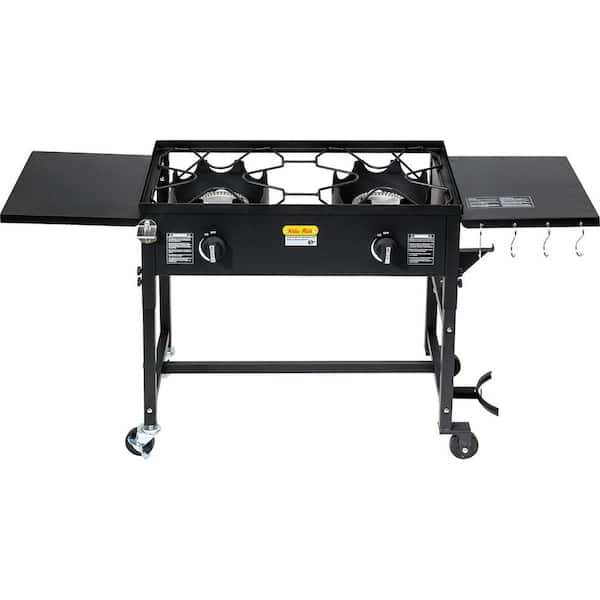 58,000 BTU Outdoor Camping Propane Double Burner Stove Cooking Station with Drop-Down Side Tables