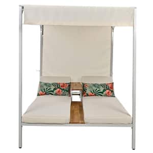 2-Person White Metal Patio Outdoor Sunbed Day Bed with Beige Cushions