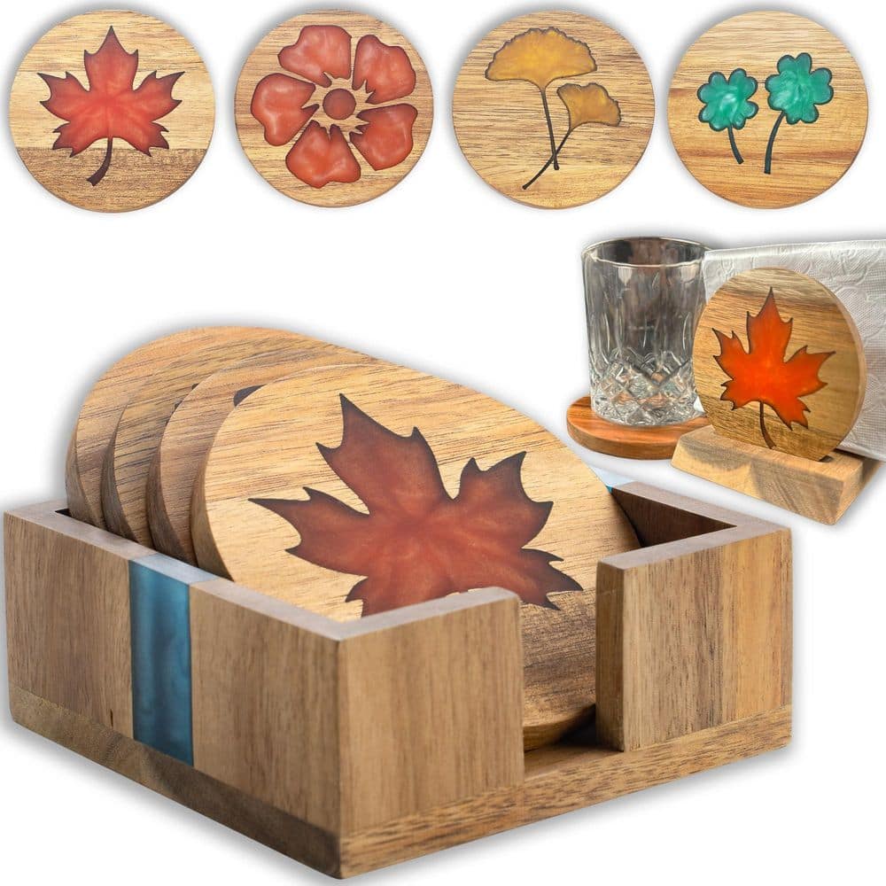 4 pcs Resin Art Series Drink Coaster Set with Napkin Holder Base Acacia Wood Water Heat Resistant Tabletop Decor price history on PriceWatchPro