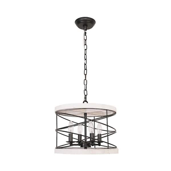 Bella Depot Modern 4-Light Distressed White Wood Chandelier Farmhouse Drum Pendant