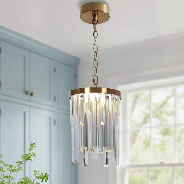 LNC Peludo 1-Light Plating Brass Integrated LED Crystal Pendant Light with Circular Canopy and 59 in. Metal Chain