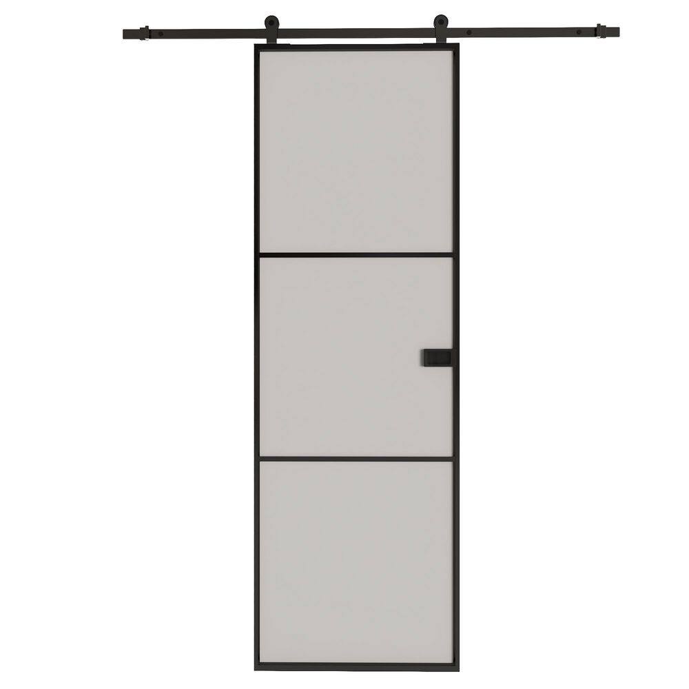24 in. x 80 in. 3 Lite Frosted Glass Black Aluminum Assembly Required Sliding Barn Door with Hardware Kit and Handle price history on PriceWatchPro