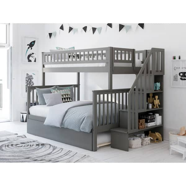 AFI Woodland Staircase Bunk Bed Grey Twin over Full with Full Urban Trundle Bed