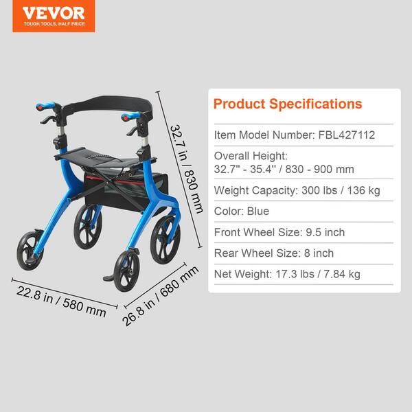 VEVOR Folding Rollator Walker 300 lbs. Load 4-Wheel Rolling