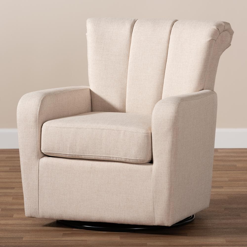 Beige Channel-Tufted Leather Swivel Accent Chair with Manufactured Wood