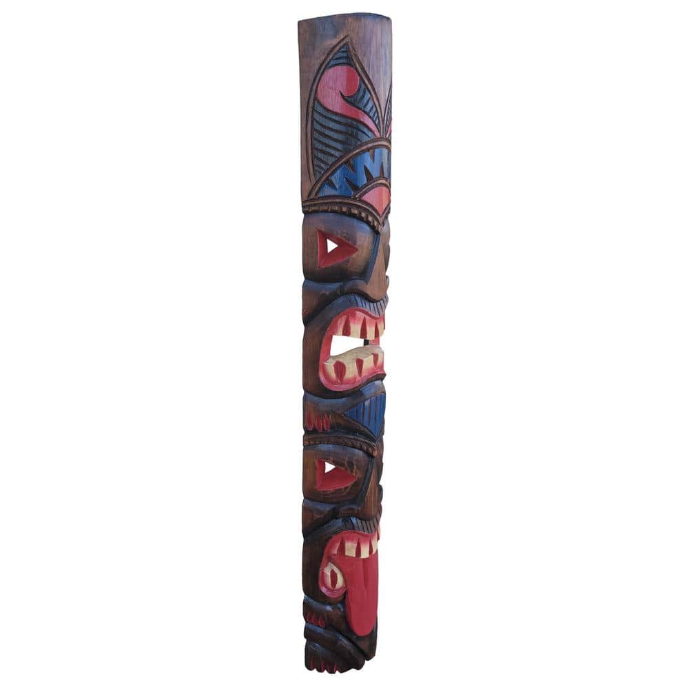 Hand-Carved Albesia Wood 40" Tropical Tiki Mask Totem
