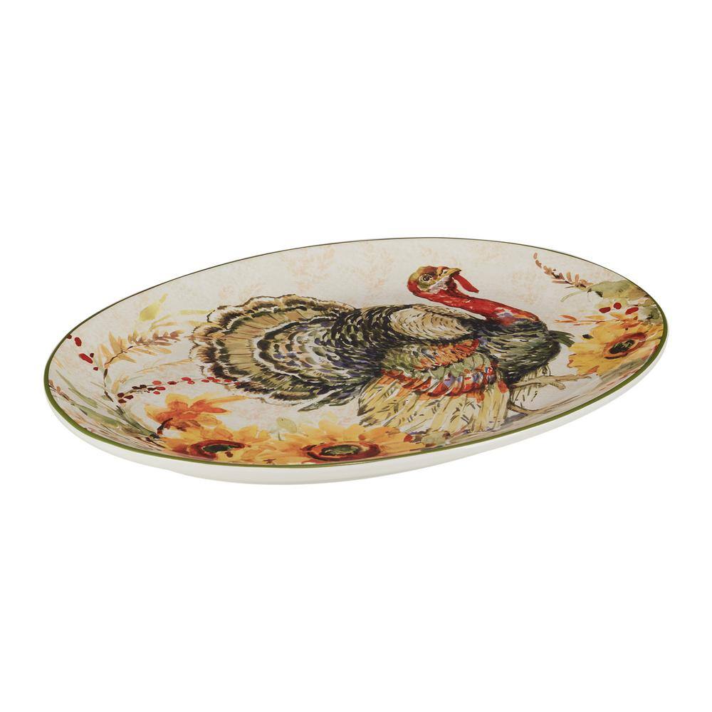 Harvest Morning Oval Ceramic Platter with Watercolor Turkey Design