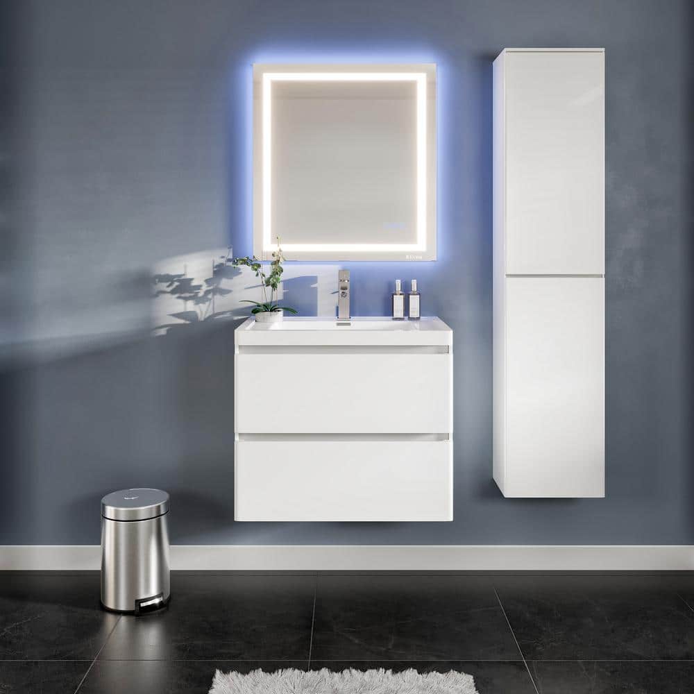 Glossy White 28" Wall Mount Bathroom Vanity with Marble Top