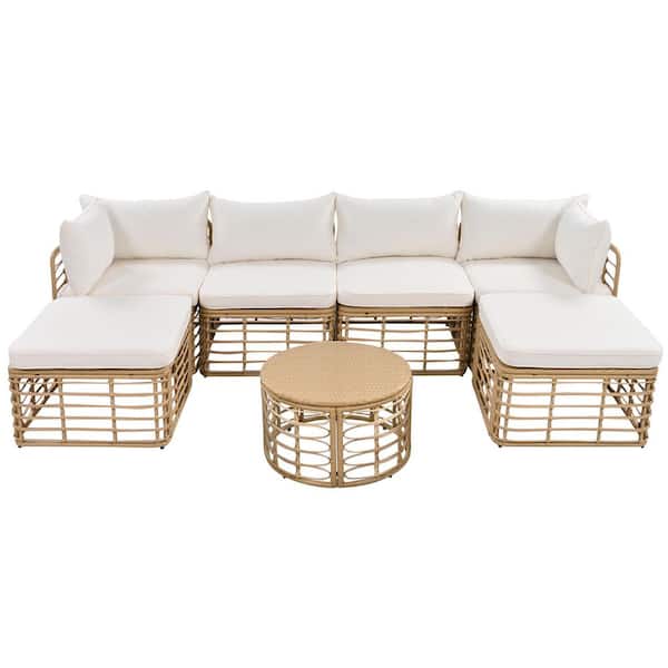 Unbranded 7-Piece Rattan Wicker Outdoor Sectional Set with Beige Thick Cushions and Pillows, Freely Combined Design for Garden