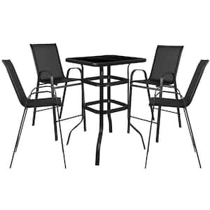 5-Piece Outdoor Glass Bar Patio Table Set with 4 Metal Barstools