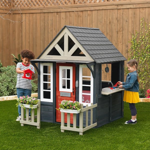 Riverscape Outdoor Wooden Playhouse with Working Doorbell, Fence, Kitchen, and Pet Door-Navy