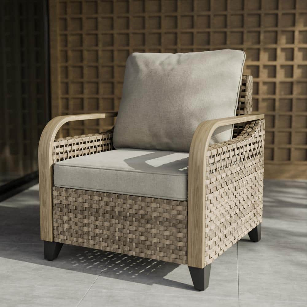 Gray Wicker and Steel Patio Armchair with Cushions