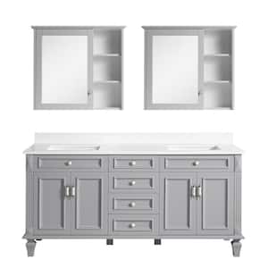 72 in. W x 22 in. D x 35 in. H Double Sink Bath Vanity in Gray w/White Stain-Resistant Quartz Top, 2 Wood Mirror Cabinet