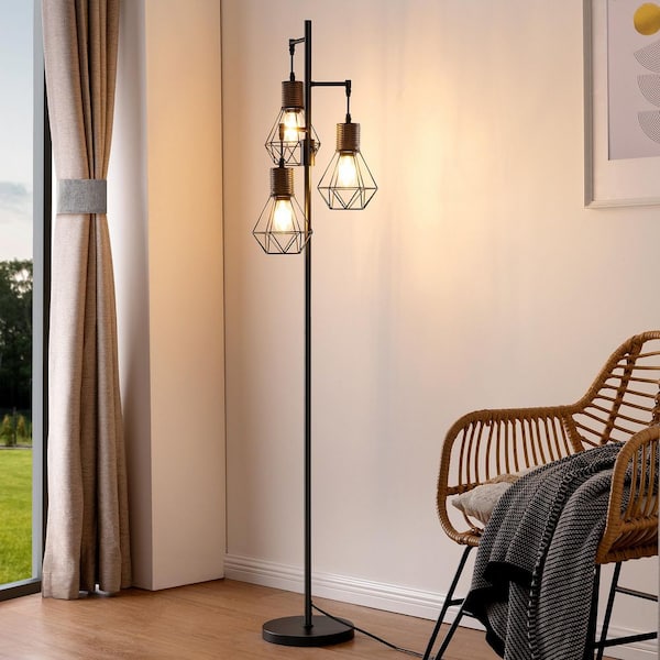 EDISHINE 65 in. Black 3-Light LED Edison Bulbs Smart Dimmable Tripod Floor Lamp with Diamond-Shaped Cage for Bedroom