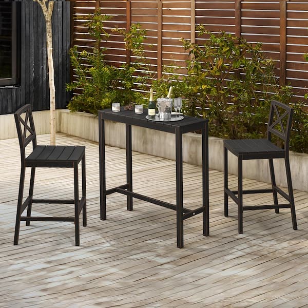LUE BONA Humphrey 3 Piece 55 in. Black Aluminum Outdoor Patio Dining Set Pub Height Bar Table Plastic Top With Armless Bar Chairs