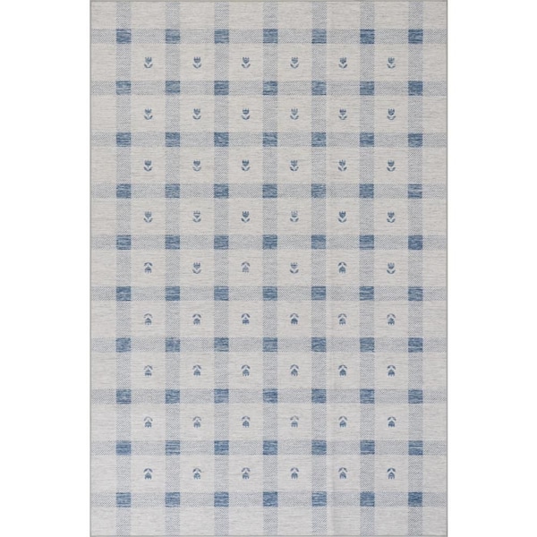 Gingham Machine Washable Blue 5 ft. x 8 ft. Indoor Area Rug