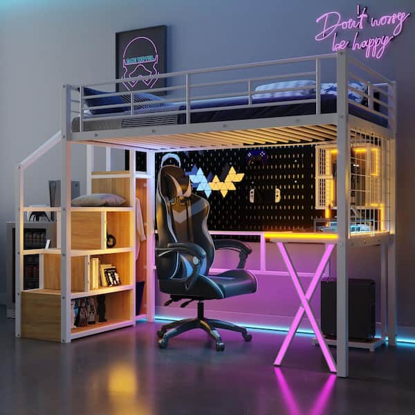 White Twin Size Metal Loft Bed with Desk, LED Light and Storage Staircase