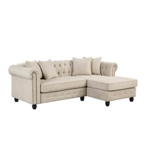 85in. W Chesterfield Roll Arm 1-Piece L Shaped Linen Sectional Sofa in. Beige